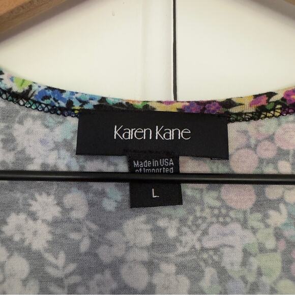 Karen Kane colorful/black and white floral top asymmetric hem tunic crew neck L - Picture 6 of 9